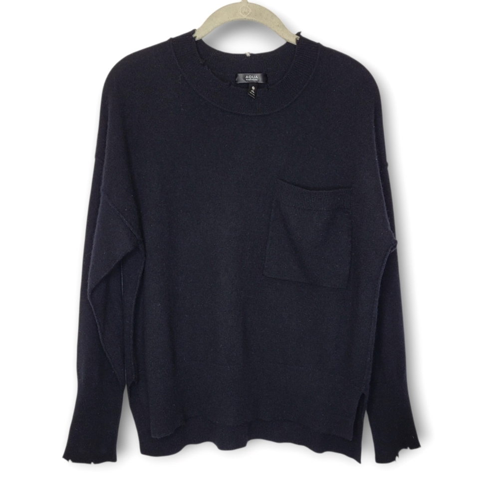 Aqua Cashmere Relaxed Fit Sweater S Black Distressed Edges